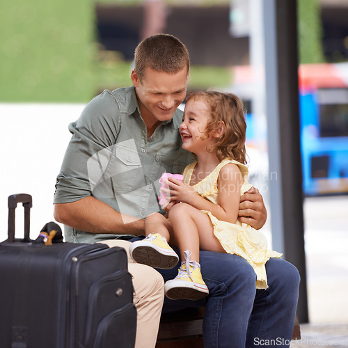 Image of Father, child and suitcase for travel outdoor or happy laughing together for holiday, vacation or journey. Male person, daughter and luggage or waiting for trip to Hawaii, travellers or connection