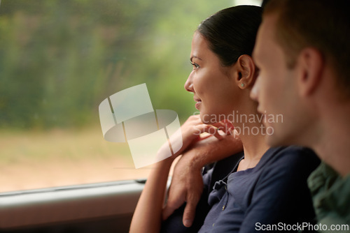 Image of Hug, love and couple in a car for road trip, bonding or romantic, vacation or adventure outdoor. Travel, transport or people embrace in vehicle for holiday, bonding and countryside journey with care