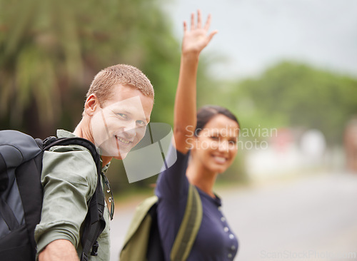 Image of Man, woman and wave for outdoor hiking or nature backpacking for adventure trekking, journey or travel. Couple, portrait and forest together in environment in Australia or bonding, fitness or walking