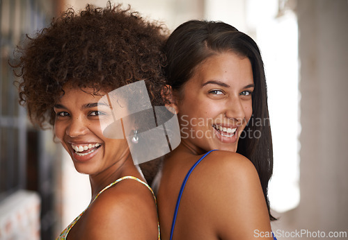 Image of Smile, friends and portrait with diversity at home, house and apartment indoor in Costa Rica. Teenage girls, female people and young women together for bonding, friendship and fun in living room