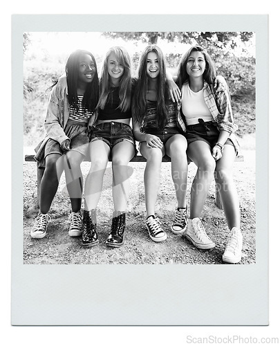 Image of Women, friends and happy portrait on bench as polaroid picture for bonding connection, summer or together. Female people, face and outdoor in environment for relaxing holiday, vacation or weekend