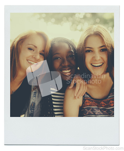 Image of Women, friends and happy portrait in nature as polaroid picture for bonding connection, summer or together. Female people, face and diversity in environment for relaxing holiday, vacation or weekend