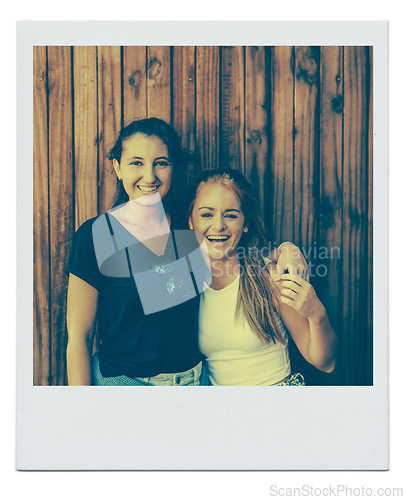 Image of Women, friends and portrait with smile in environment for relaxing holiday in countryside, together or embrace. Female people, face and happiness in Australia as polaroid picture, memory or nature