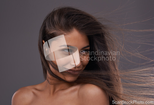 Image of Woman, hair and salon for wind and style with heat and blow with keratin treatment and wash. Model, smile and glossy for healthy strand with shampoo for smooth and silk for volume or long on mockup