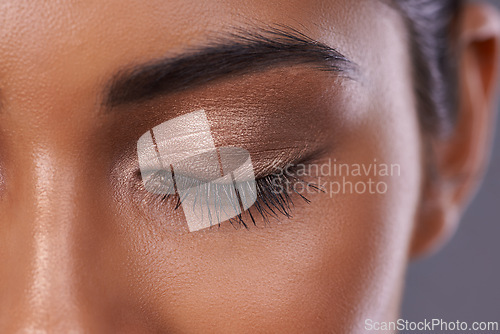 Image of Woman, eyes and eyeshadow makeup as closeup of beauty cosmetics for skincare dermatology, mascara or healthy. Female person, eyebrow and wellness glow or closed for self care, extension or treatment