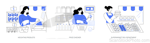Image of Supermarket shopping process isolated cartoon vector illustrations se