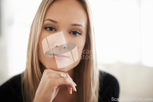 Image of Woman, portrait and thinking for relax and idea for future or plan in home or indoor on weekend. Young person and face for thoughtful and pensive for contemplate with style and glamour on mockup