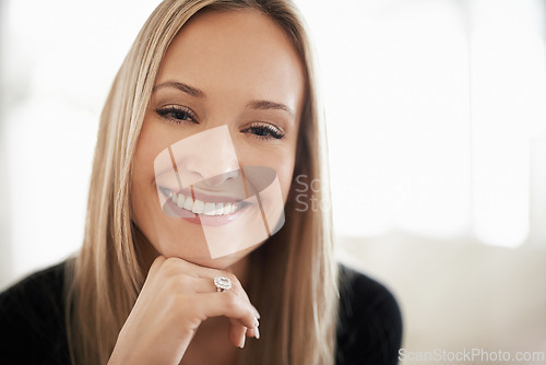 Image of Woman, portrait and smile with diamond, ring or jewel for luxury, idea and rich indoor in home. Young person and face for thoughtful and pensive for contemplate with style and happy for plans