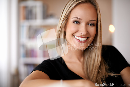 Image of Face, woman and happy in living room or home for leisure, break and enjoy in couch. Female person, smile and satisfied with comfort or joy in lounge, sofa and positivity for self care in portrait.