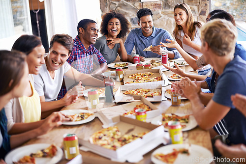 Image of Group, friends and party with pizza, lunch and diversity for joy or fun with youth. Men, Women and fast food with drink, social gathering and snack for celebration or eating at italian pizzeria