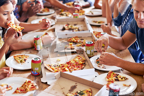 Image of Group, friends and party with pizza, eating and diversity for joy or fun with youth. Men, women and fast food with drink, social gathering and snack for lunch or celebration at italian pizzeria