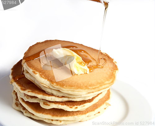 Image of Pancakes with butter and syrup