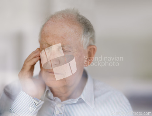 Image of Old man, pain and headache stress in retirement with burnout fatigue for migraine pressure, worry or mental health. Elderly, person and hand for temple distress with anxiety, frustrated or unhappy