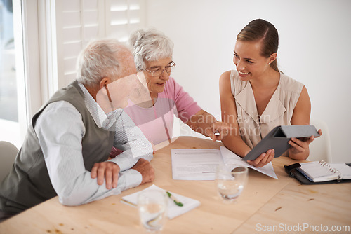 Image of Finance, senior couple and tablet for insurance or discussion, consult and accountant for paperwork. Woman, elderly people and plan for retirement on app, asset management and meeting on investment