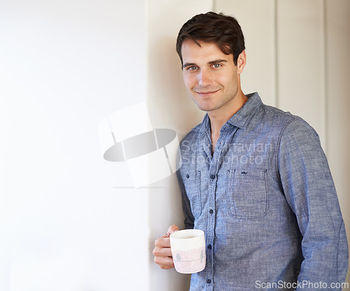 Image of Portrait, man or coffee in casual, fashion or aesthetic in stylish outfit in home on weekend. Male person, smile and hot drink to relax in confident, trendy or clothes for carefree, break and me time