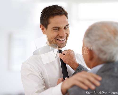 Image of Old person, man and help with tie for wedding event with happiness for retirement bonding, smiling or parent. Elderly adult, son and comfort on special day for family connection, pride or confidence