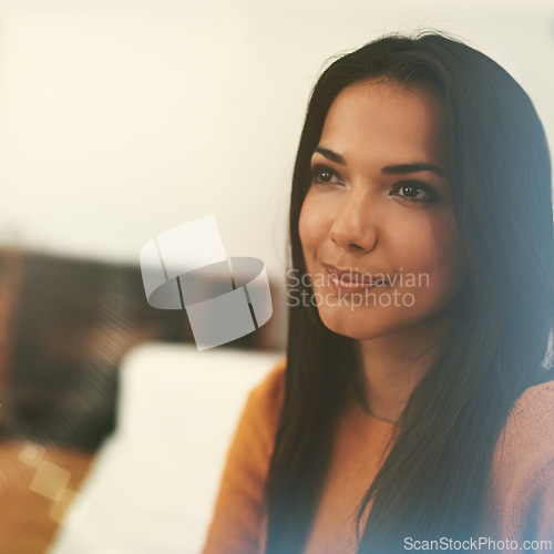 Image of Thinking, woman and rest on sofa in lounge for wellness, comfort and memory in home. Happiness, face and Mexican female person on couch in living room for calm, weekend off and peaceful day in house