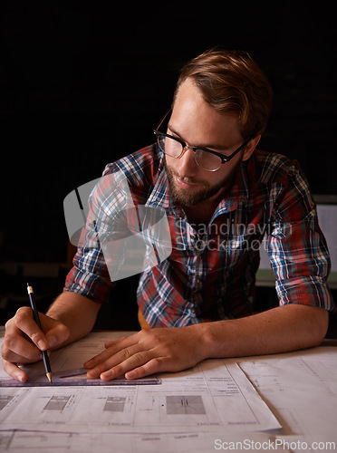 Image of Man, architecture and drawing of blueprint idea, working and planning for construction. Architect, building and engineering for infrastructure, design and contractor for career, remodel or measure