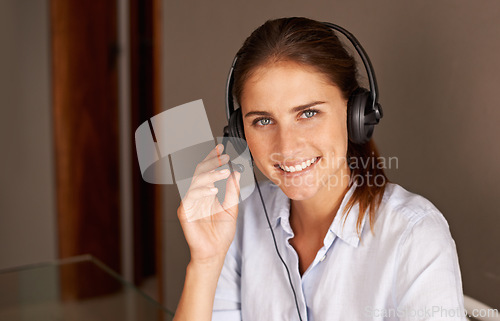 Image of Portrait, customer service and sales consultant with headset professional, formal clothes and working in office. Woman, smile and talking with clients for support, advise and help in call center