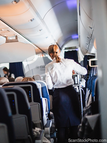 Image of Interior of airplane with passengers on seats and stewardess in uniform walking the aisle, serving people. Commercial economy flight service concept.