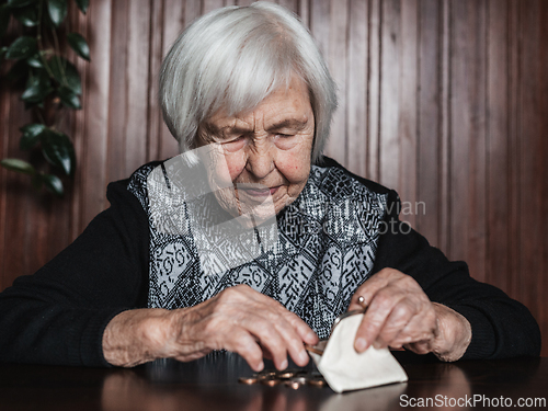 Image of Portrait of an old woman counting money. The concept of old age, poverty, austerity.