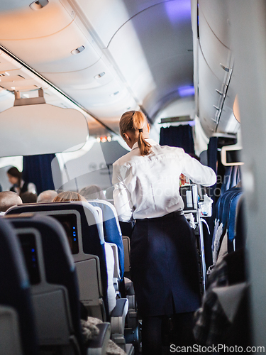 Image of Interior of airplane with passengers on seats and stewardess in uniform walking the aisle, serving people. Commercial economy flight service concept.