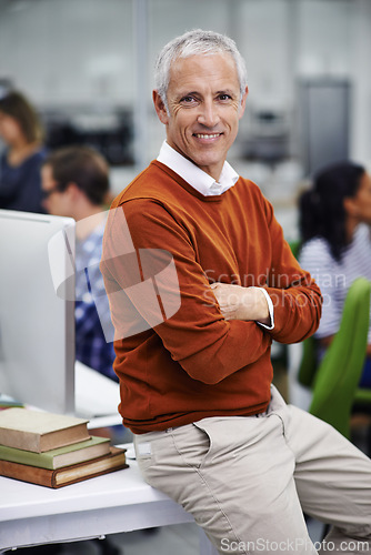 Image of Portrait, manager and business man in office with arms crossed for confidence, startup and entrepreneur. CEO, smile and face of person for team building, collaboration and brainstorming in workplace