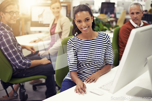 Image of Businesswoman, portrait and planning on computer in office, online and check email for networking. Coworkers, unity and support for project or proposal, report and website for research at agency