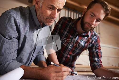 Image of Teamwork, father and son in workshop, architect and pencil with drawing, documents and wood. Parent, men and renovation with construction and building with planning for project, startup and carpenter