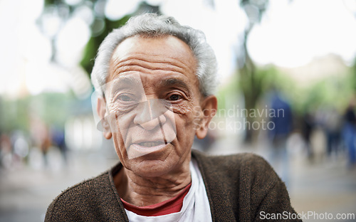 Image of Face, senior man and serious in outdoor for travel, retired and confident in street of Mexico. Portrait, male person and wellness to relax with wellbeing for healthy mind, positivity and leisure