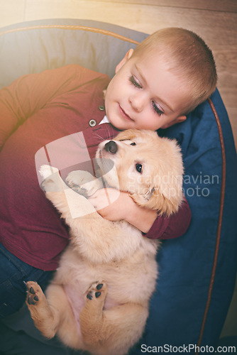 Image of Child, dog and hug with home, floor and pet with love and care at house. Kid, puppy and golden retriever or sleepy labrador with embrace, bonding and together with high angle of animals or pets