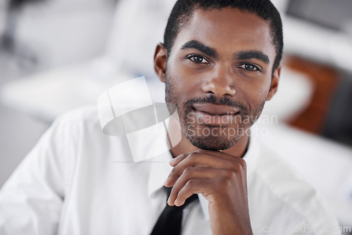 Image of Black man, portrait and decision for business ideas, startup and professional in formal clothes or outfit. Businessman, corporate and working in office thoughts or planning and salesman in workplace