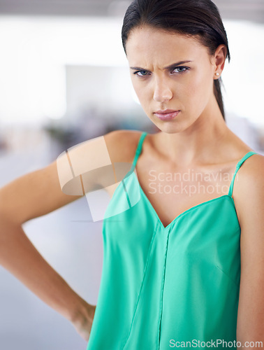 Image of Portrait, stress and angry with woman, frustrated and emotions with expression and news. Face, person and girl with reaction and defensive body language with frown and omg with feedback and emoji