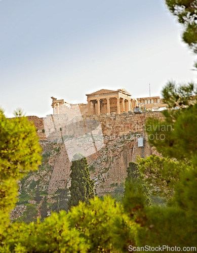 Image of Athens, location and holiday for trip, travel and outdoor in history landmark in Europe in summer. Medieval, outside and environment for scenic, bridge and stone monument in nature, tree and forest