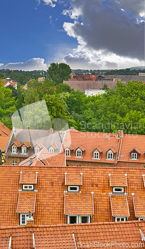 Image of Rooftop, Europe and location for outdoor, historical and forest in travel with historic architecture. Germany, villa and windows for outside, real estate and tourist attraction in urban background