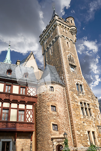 Image of Architecture, artistic and historic building of temple, castle or arcade in outdoor environment. Germany, traditional museum and design walls in landscape clouds, blue sky and rocks or marble