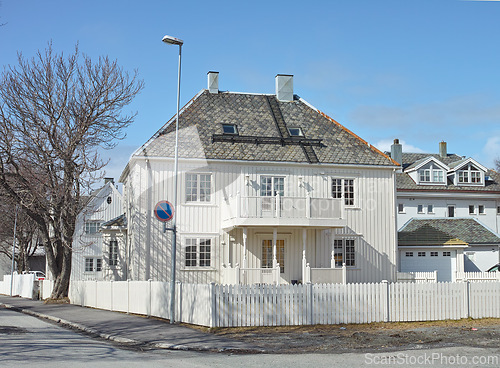 Image of Urban, house and street with vintage architecture in quiet, calm and relax neighborhood or residential area in downtown London. Home, property and investment in town for family and holiday time.