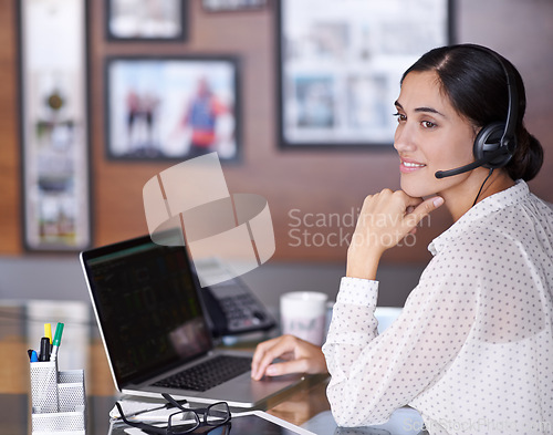 Image of Businesswoman, phone call and headset with laptop, virtual assistant and online in corporate office. Technology, computer and thinking for financial advisor, employee and communication with client