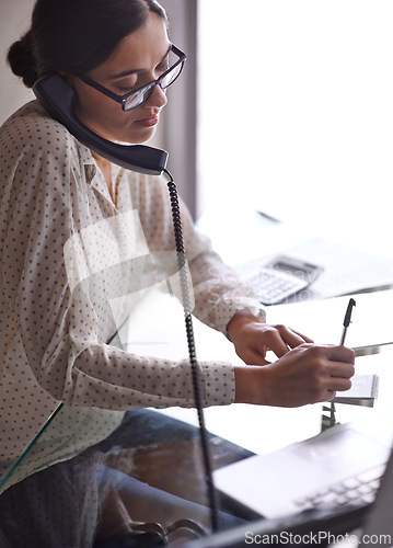 Image of Businesswoman, phone call and notes, office and desk or conversation with client. Technology, computer and writing minutes as financial advisor, calculator and accounting for budget or expenses