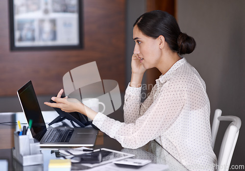 Image of Businesswoman, phone call and office with laptop, desk and online in corporate. Technology, contact and pointing for financial advisor, internet or client communication for finance and accounting