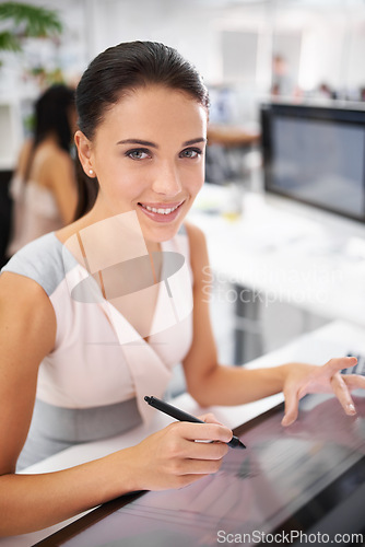 Image of Portrait, graphic designer or touch on digital, pen or display in nft, design or creation of artwork. Woman, smile or hand on monitor for technical, rendering or illustration of visual media