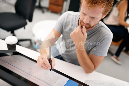 Image of Man, touch screen or digital pen for technology, checklist or future of media project in office. Male person, designer and monitor on creative software for startup information, creativity or business