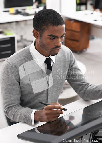 Image of Graphic designer, computer and drawing in office professional, workplace and creativity in formal clothes. Male person, concentrate and connectivity with screen, working and sitting in table