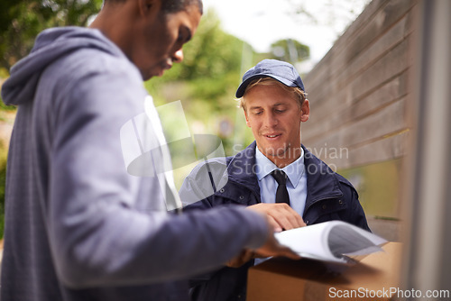 Image of Delivery, box and postman with package, cargo and courier from online shopping. Logistics, ecommerce and signature on paperwork for product exchange, retail or distribution shipping by postal worker