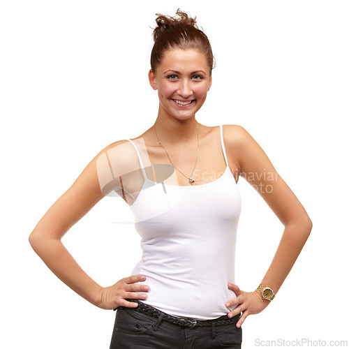Image of Portrait, confident or female student for university, fashion and aesthetic for casual outfit. Gen z, woman or hand on hips in exclusive, boutique and designer jewelry for clothes on white background