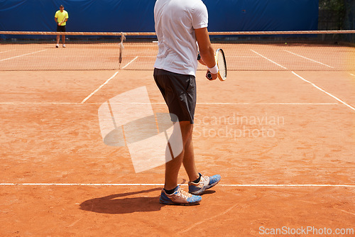 Image of People, serve and competition on tennis court, athlete and action with ball to score. Player, intensity and grand slam for set in tournament, fitness and target of professional game for match point
