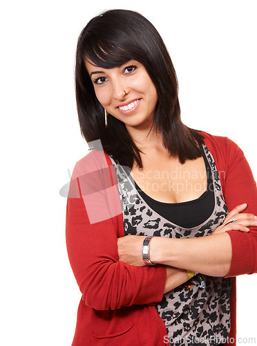 Image of Portrait, confident and woman for design, startup and profile picture in studio on white background. Happy, creative and professional designer as female entrepreneur, expert and arms crossed