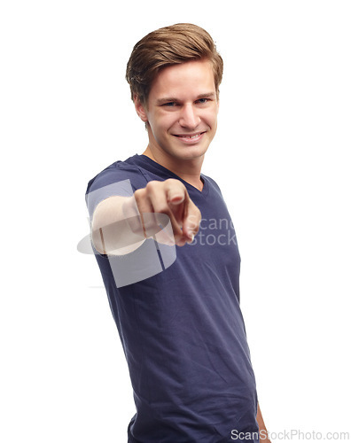 Image of Portrait, man and pointing gesture isolated on studio background with happiness, confidence and smile. Male person, model and face for fashion, clothing and trendy style in fashionable choice