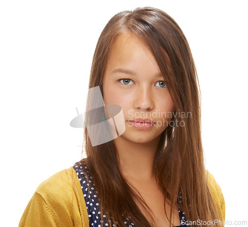 Image of Studio, portrait and confident teenager with glow of natural beauty, youth and skin care for health by white background. French student, green eyes and long hair with fresh face and shine in closeup