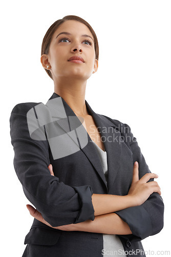 Image of Business woman, thinking and office administrator with confidence and corporate planning in studio. Career, employee and female startup professional ready for working vision with white background